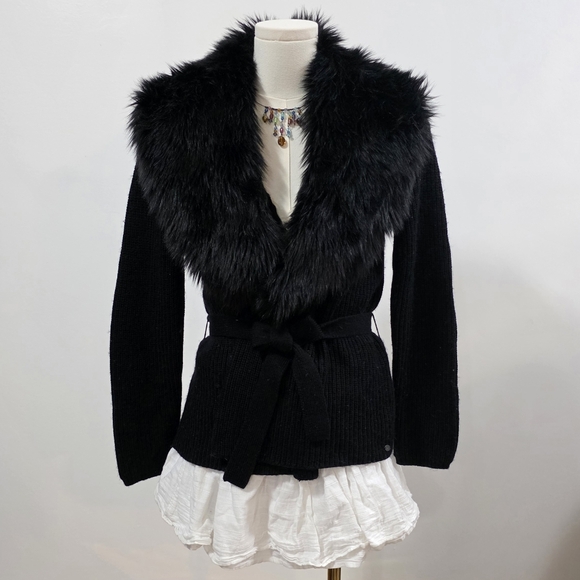 Guess Los Angeles dark black vintage wool faux fur wrap cardigan with tie - Picture 2 of 7